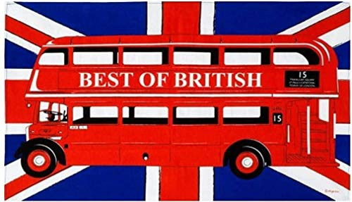 London Bus Tea Dish Towel Red Traditional Routemaster Best of British Union Jack Flag Background Souvenir Gift British UK GB