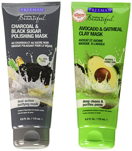Freeman Feeling Beautiful Charcoal  and  Black Sugar Gel Mask  Plus Scrub and Avocado Clay Mask 6-Ounce 2 Count