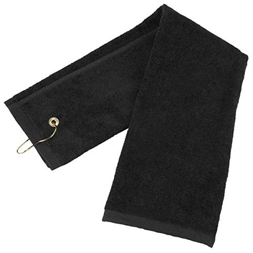 Black 100 percent Cotton Golf Towel Tri-Fold with Grommet  and  Hook for Golf Bag