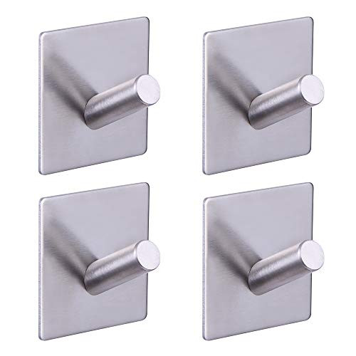 GERZWY Wall Hooks Adhesive for Hanging Towels - Set of 4 - Premium Adhesive Hooks - Towel Hooks for Bathrooms - Sticky Hanging Wall Hangers Without Nails - Brushed Finish