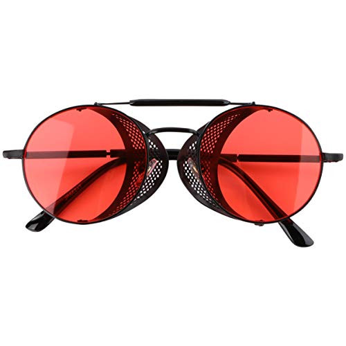 KESYOO Retro Steampunk Sunglasses Vintage Round Circle Polarized Sunglasses for Women Men Black Red