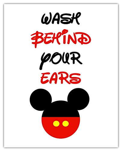 Wash Behind Your Ears Mickey Mouse Bathroom Signs Typography Wall Art Unique Unframed 8x10 Bathroom Pictures Wall Decor Print - Housewarming Gift Idea for Bathroom Artwork For Wall