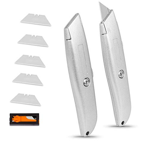Internets Best Classic Utility Knife - Set of 2 - Retractable Razor Knife Set - Extra Blade Refills - Box Cutter Locking Razor Knife - Full Metal Body