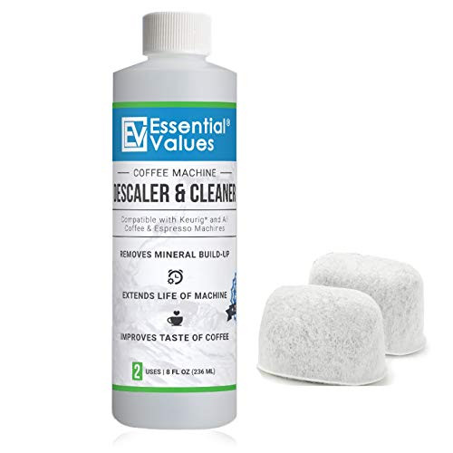 Essential Values Universal Descaling Solution - Bonus Two Filters -2 Uses / 8 Fl Oz- Designed For Keurig Nespresso Delonghi and All Single Use Coffee and Espresso Machines - Proudly Made in USA