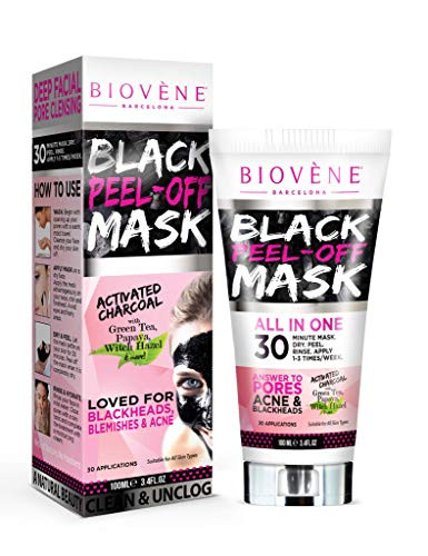 Biovène Black Peel-Off Mask 3.4 oz Tube Black Face Mask to Combat Acne Blemishes and Blackheads with Activated Charcoal Aloe Vera and Green Tea -Pack of 1-