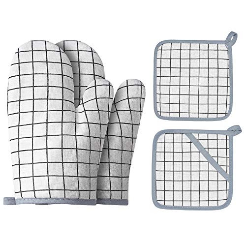 WinChange Oven Mitts and Potholders BBQ Gloves-Oven Mitts and Pot Holders with Recycled Cotton Infill Silicone Non-Slip Cooking Gloves for Cooking Baking Grilling -4-Piece Set- -White-