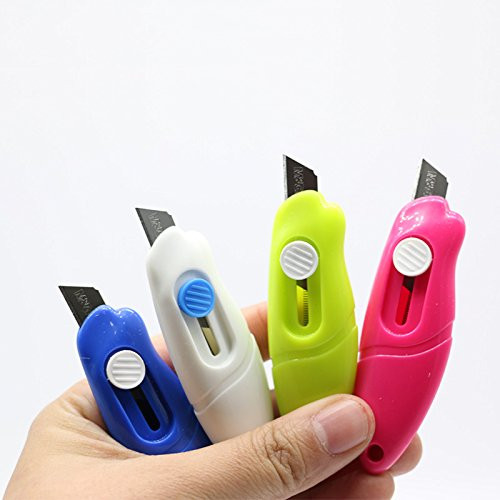 M and Sun 8 Pcs Novelty Mini Retractable Utility Knife Box Cutter Letter Opener Pocketknives Touch Knife Keychain for Creative stationery and office supplies Random Color