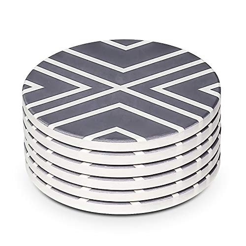 LIFVER Coasters for Drinks Absorbent Coaster Set of 6 with Cork Base Ceramic Drink Coasters for Cold Drinks Wine Glasses Cups Mugs White-line