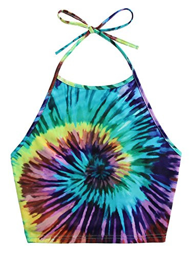 Romwe Womens Sexy Spiral Tie Dye Multicolor Print Backless Tie Halter Top Green M
