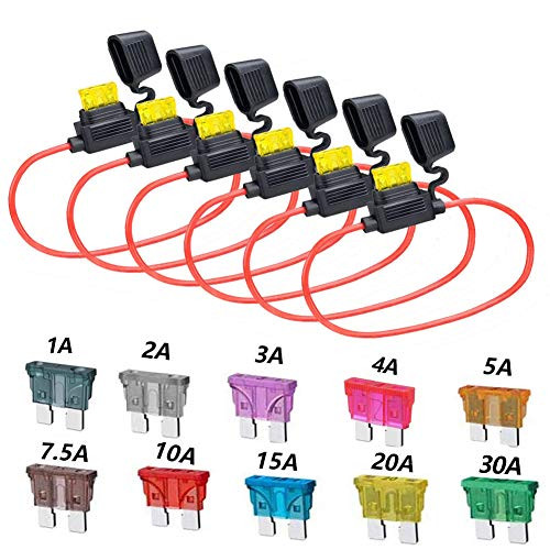 Youngneer 12 Gauge in Line Fuse Holder ATC/ATO 6 Pcs Waterproof Inline Automotive Blade Fuse Holder with 55PCS Standard Car Fuses 1A 2A 3A 4A 5A 7.5A 10A 15A 20A 25A 30A Automotive Replacement Fuses