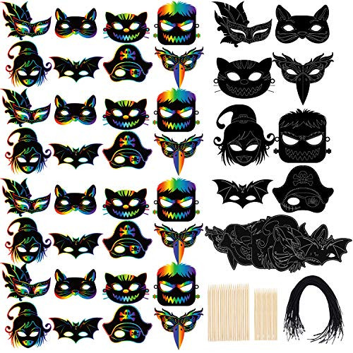 Cooraby 36 Pack Scratch Art Masks with White Halloween Pattern Design Magic Scratch Paper Masks Halloween DIY Scratch Craft Art Kits for Home and Party Decorations