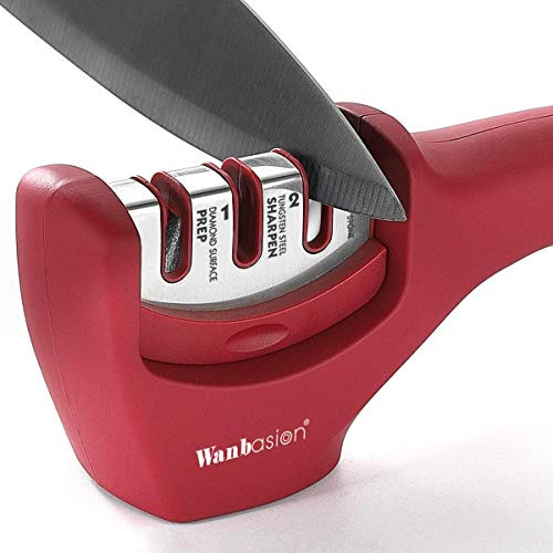 Wanbasion Red Kitchen Knife Sharpener Professional 3 Stages Kitchen Knife Sharpener Manual Sharpening Knife Sharpener for Kitchen Knives with Stainless Steel Ceramic Diamond Blade
