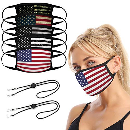 Reusable Face Mask 5pcs Washable Protective Face Mask with 2pcs Mask Lanyard Unisex Cloth Face Mask Dust Outdoor Safety 2 Layers Face Cover for Adults Men  and  Women