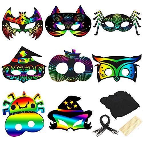 Halloween Magic Scratch Rainbow Paper Masks 24 Pack Colorful Scratch Art Mask with Elastic Ropes and Wood Stylus 8 Designs DIY Craft Pumpkin Decorations for Kids Adults Halloween Dress-Up Party