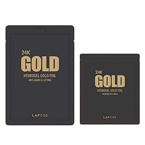 LAPCOS 24K Gold Foil Face  and  Eye Mask Duo -2-Pack- Anti-Aging Sheet Mask and Under Eye Patches to Firm and Smooth Skin Treat Fine Lines and Wrinkles All Skin Types Korean Beauty