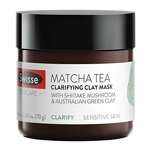 Swisse Natural Skincare Matcha Green Tea Australian Kaolin Clay Face Mask - Clarifying for Sensitive Skin - Restore Replenish Cleanse - Shiitake Mushroom Algae Extract Tea Tree Oil - 2.47 Oz