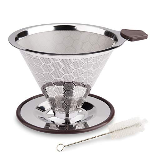 FOXAS Pour Over Coffee Filter Reusable Coffee Dripper Stainless Steel Drip Coffee Filters Paperless Permanent Coffee Strainer Metal Cone Coffee Mesh Filters for 1-4 Cup with Cleaning Brush