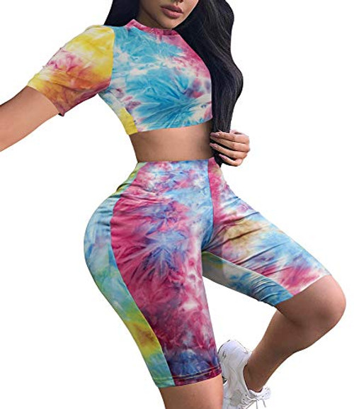 BEAGIMEG Womens Sexy 2 Piece Outfit Crop Top Bodycon High Waist Shorts Yellow Tie Dye