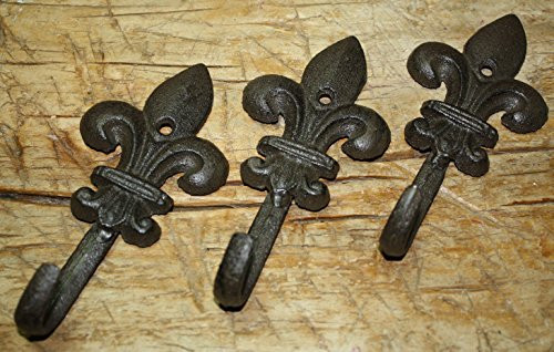 COLIBROX 3 Pcs Beautiful Cast Iron Antique Style Rustic Fleur De Lis Coat Hooks wall mount Towel Hanger 5.5 inch for Hat Hooks Key Rack GARDEN Hook