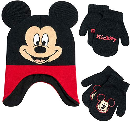 Disney Boys Mickey Mouse Winter Hat and 2 Pair Mitten or Gloves Set -Age 2-7- -Red/Black 3D Ear Mickey Glove Age 2-4-