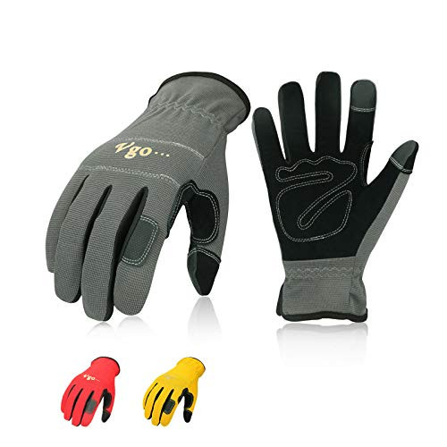 Vgo 3-Pairs Synthetic Leather Work Gloves Multi-Purpose Light Duty Work Gloves Breathable  and  High Dexterity Touchscreen -Size M Yellow Red  and  Grey NB7581-