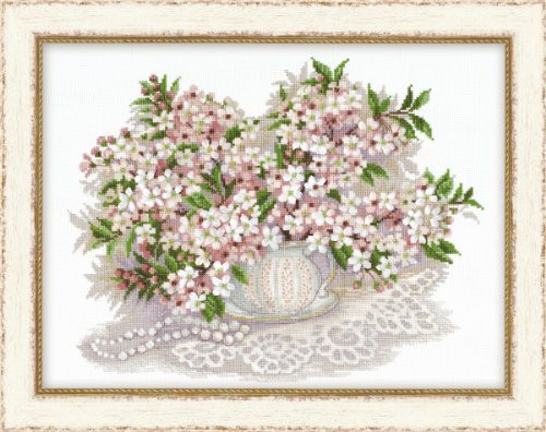 RIOLIS 100/034 - Cherry Blossom - Counted Cross Stitch Kit 16" x 12" 14 Count White AIDA 19 Colors