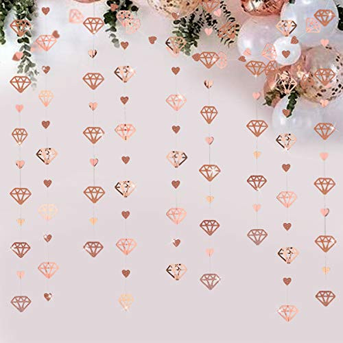 52 Ft Rose Gold Diamond Heart Garland Glitter Metallic Paper Hanging Banner for Engagement Anniversary Mothers Day Bachelorette Wedding Bridal Shower Hen Birthday Valentines Party Decoration-4 Pack-