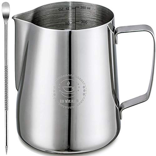 Stainless Steel Milk Frothing Pitcher 12oz/ 350ml Steaming Pitchers with Decorating Art Pen Milk Coffee Cappuccino Latte Art Barista Steam Pitchers Milk Jug Cup for Espresso Machines Latte Art