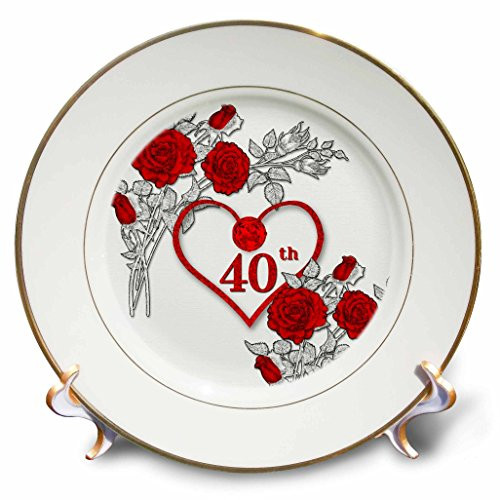 3dRose Red Heart and Roses 40Th Ruby Anniversary for Wedding Or Business Porcelain Plate, 8"