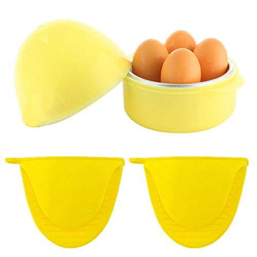 Coxeer Microwave Egg CookerRapid Egg Cooker Microwave Boiler Egg For Hard or Soft Boiled 4 Eggs With 2PCS Aluminum Silicone Gloves-Yellow-