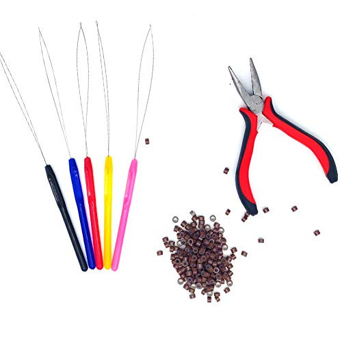 Hair Extension Kit Pliers Pulling Hook Bead Device Tool Kits 5 Micro Pulling Needles and 200 Pieces Silicone Lined Micro Rings Professional Hair Styling Tools Accessory -Brown Beads-