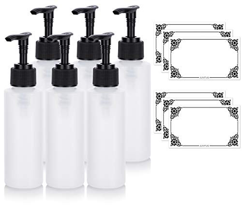 Clear Natural Refillable Plastic Squeeze Bottle with Black Lotion Pump Dispenser 4 oz / 120 ml - -6 Pack-  Plus Labels