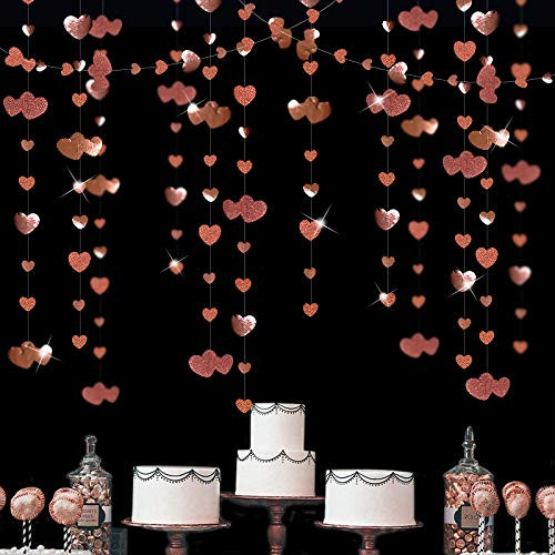 52 Ft Rose Gold Heart Hanging Garland Glitter Metallic Paper Streamer Banner for Anniversary Mothers Day Bachelorette Engagement Wedding Bridal Shower Birthday Valentines Party Decorations -4 Packs-