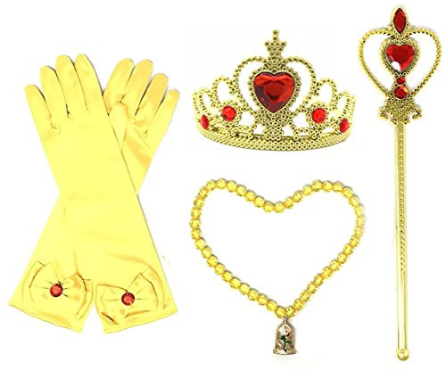 Princess Belle Yellow Dress up Party Accessories 4 Piece Gift Set Gloves Tiara Necklace and Wand -Red/Gold- Princess Belle Yellow Dress up Party Accessories 4 Piece Gift Set Gloves Tiara Necklace and Wand -Red/Gold-