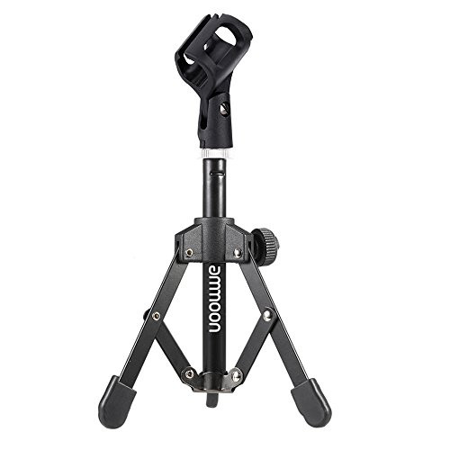 ammoon Desktop Microphone Stand Foldable Tripod with a 5/8 inch Male to 3/8 inch Female Screw and MC3 Mic Clip Holder Bracket for Meeting Lectures Podcasts -MC3 Mic clip is included-