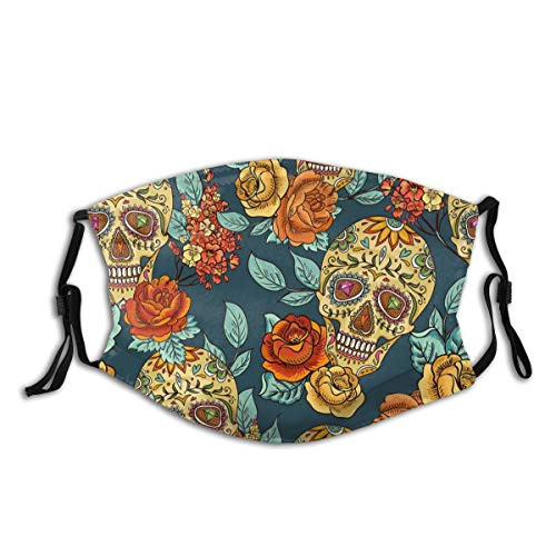 Skull And Flowers Face Mask Reusable Adjustable Balaclava Bandana Cloth With 2 Filters For Men And Women Outdoors