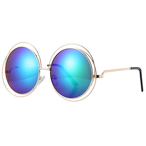 Pro Acme Womens Double Circle Metal Wire Frame Oversized Round Sunglasses -Green Mirrored Lens-
