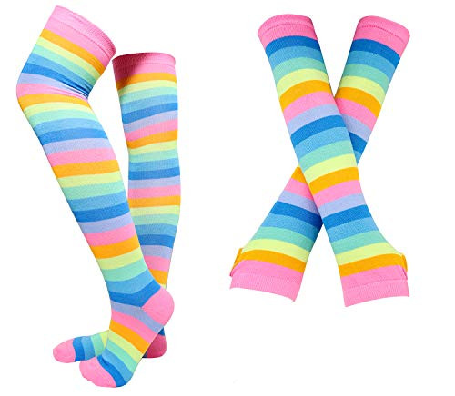 Bienvenu Rainbow Stripe Fingerless Gloves Arm Warmer Knee Thigh High SocksMulticoloured