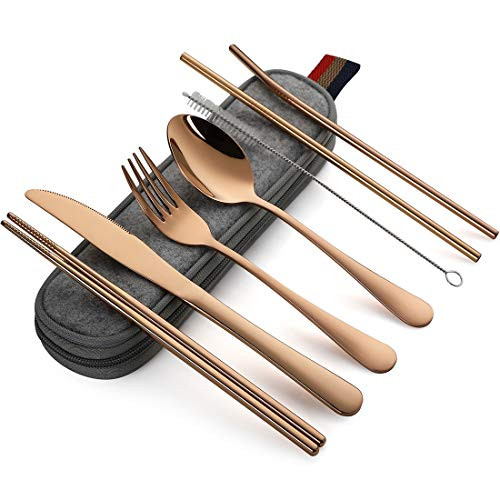 Devico Portable Utensils Travel Camping Cutlery Set 8-Piece including Knife Fork Spoon Chopsticks Cleaning Brush Straws Portable Case Stainless Steel Flatware set -8-piece Rose gold-