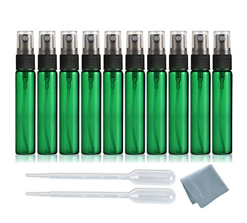 Elfenstall- 25pcs Empty Glass 10ml 1/3oz Fine Mist Atomizer Bottle Spray Refillable Perfume Bottle Glass Clean Cloth for Travel Party Portable Makeup Tool  Plus Free 3ml Dropper Pipette -Green-
