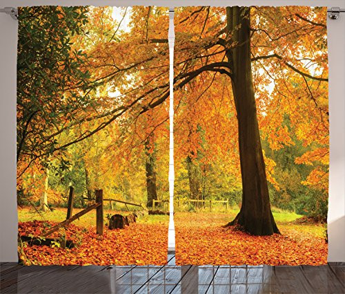 Ambesonne Farm House Decor Collection, Autumn Fall Forest Scene with Vibrant Colors and Pale Leaves Tranquil Peace Nature, Living Room Bedroom Curtain 2 Panels Set, 108 X 84 Inches, Orange Brown
