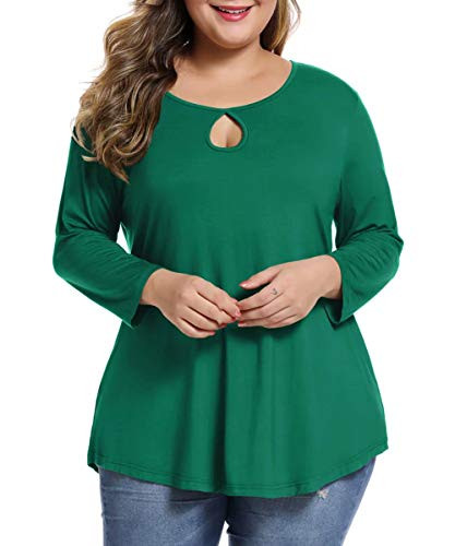 MONNURO Womens Plus Size 3/4 Sleeve Casual Loose Keyhole Sexy Tunic Tops Basic Tee Shirts-Deep Green1X-
