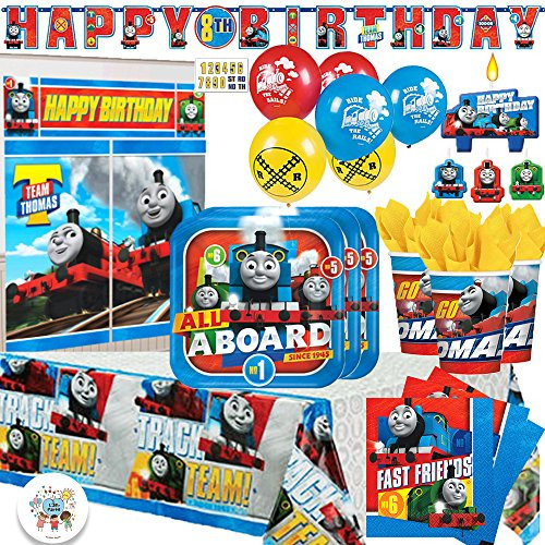Thomas The Train Birthday MEGA Party Supply Pack for 16 with Plates, Napkins, Cups, Tablecover, 6 Balloons, Wall Decorating Kit, Happy Birthday Banner, Exclusive Button and Candles by Another Dream!