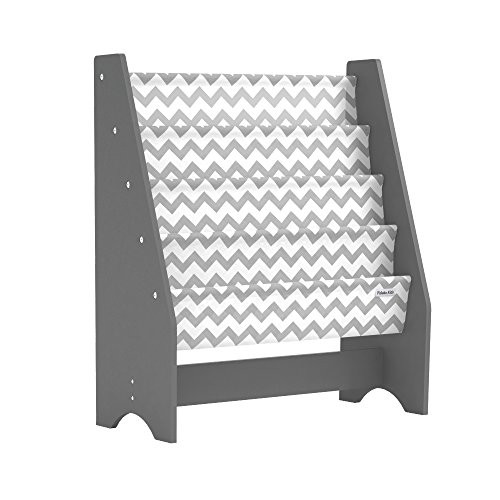 Pidoko Kids Sling Bookcase, Grey with Chevron | Wooden Children's Bookshelf with Pocket Storage Book Rack - Canvas