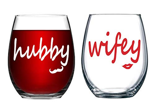 Hubby and Wifey Wine Glasses Wifey and Hubby Glasses Couple Wine Glasses Gifts for Couple Engagement Wedding Bridal Shower Gifts for Bride Groom Valentines Day Gifts 2 Pack 15 Ounces Thicken