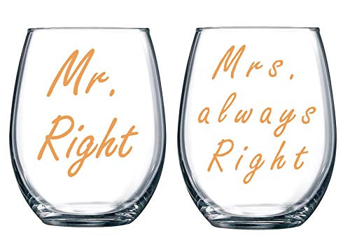 Couple Wine Glasses Mr Right Mrs Always Right Wine Glasses Mr Mrs Gifts for Couple Engagement Wedding Bridal Shower Gifts for Bride Groom Valentines Day Gifts 2 Pack 15 Ounces Thicken With Gift Box