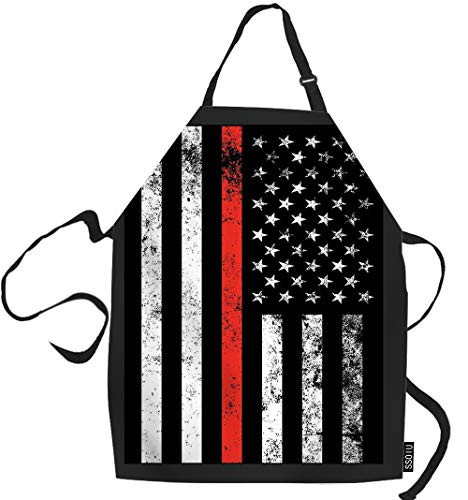 SSOIU Fire Fighter Cooking Apron Fire Fighter Thin Red Line Flag Kitchen Apron for Baking/BBQ Men Women Unisex Waterproof 31X27 Inches