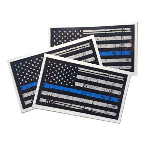3 pack - Tattered 3M reflective Thin Blue Line 3.75 X 2.25 Decal Sticker United States Us Flag Tactical Police Law Enforcement -EMPIRE TACTICAL USA BRAND-
