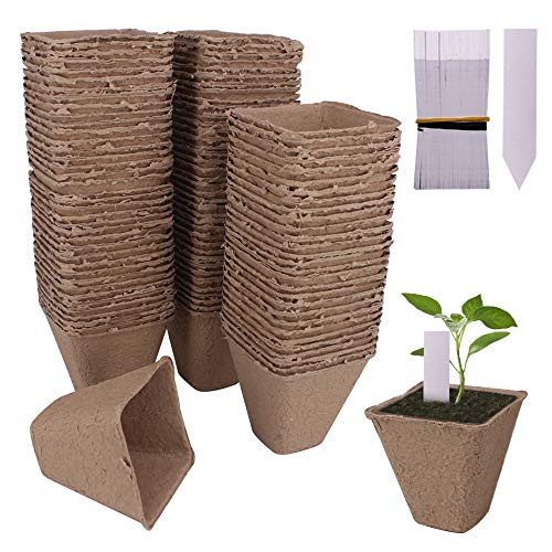 Huvai 100 Pack 3.15 inch Square Biodegradable Peat Pots Plant Seedling Saplings  and  Herb Seed Starters Kit with 100 Pcs White Plastic Plant Labels