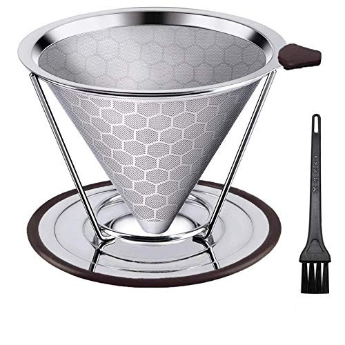 Pour Over Coffee Dripper Stainless Steel Coffee Filter Reusable Pour Over Coffee Filter Cone Coffee Dripper with Removable Cup Stand and Cleaning Brush